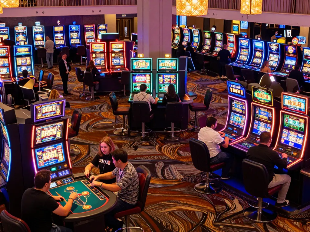 Players enjoy vibrant slot machines and gaming tables at RR88's lively casino floor.
