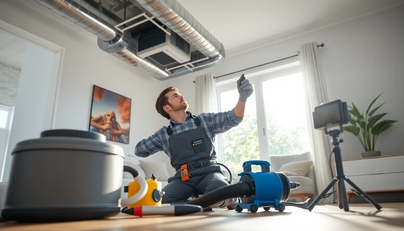 Duct cleaning and HVAC inspection technician demonstrating tools in a clean home environment.