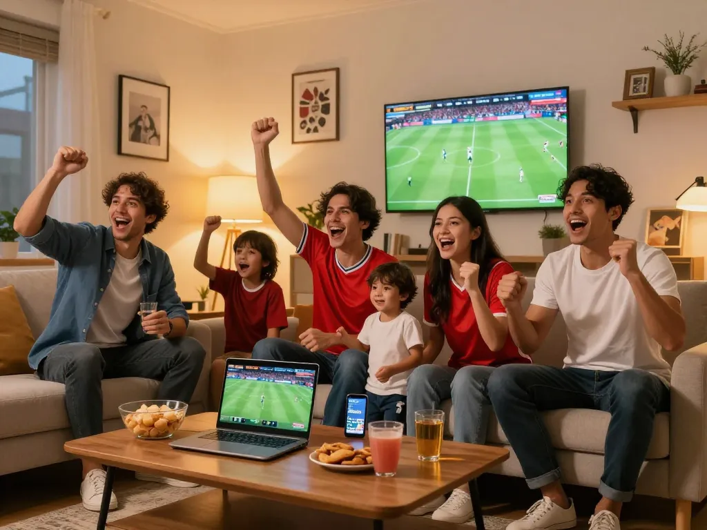 Socolive streaming live soccer match in cozy living room setting with fans cheering joyfully.