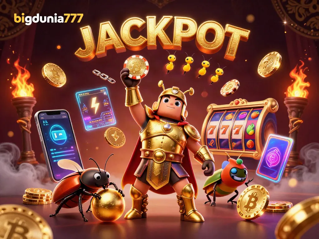 Engage with bigdunia777's dynamic casino scene featuring a gladiator beetle celebrating a jackpot.