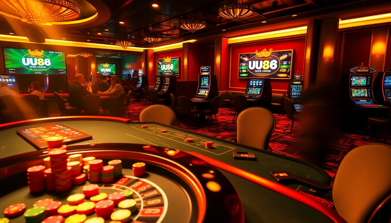 UU88 platform showcased in a luxurious casino setting with vibrant gaming elements.