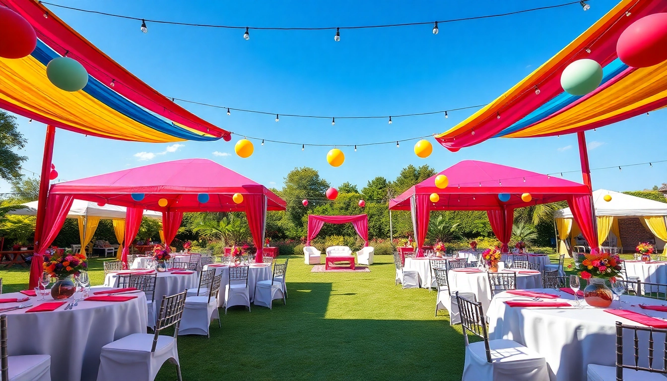 Engaging Party Rentals setup with vibrant tents and decorations for joyful outdoor events.