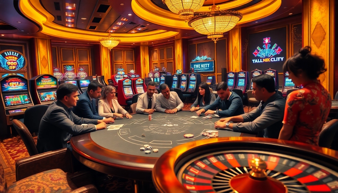 Exciting game scene at 7c77 casino featuring poker and vibrant slot machines.