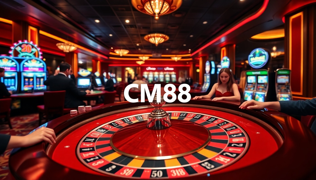 Players enjoying a thrilling roulette game at CM88 casino with vibrant chips and a luxurious atmosphere.
