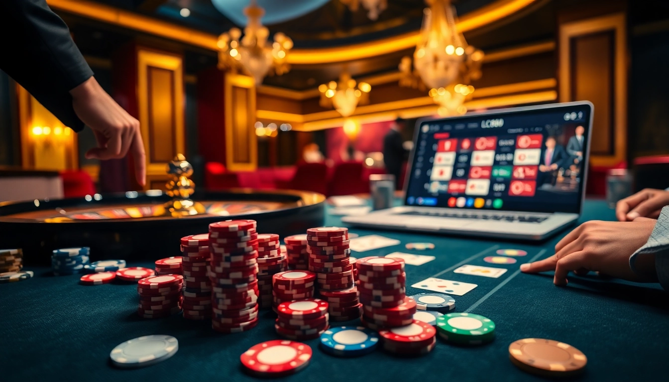 Experience high-stakes excitement at LC88 vin's luxurious casino table with vibrant poker chips and cards.
