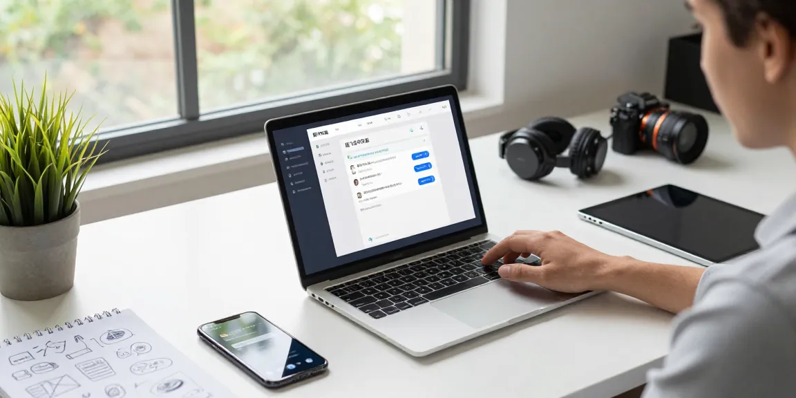 Engaging workspace using 纸飞机中文版 messaging app on a laptop with tech gadgets and natural light.
