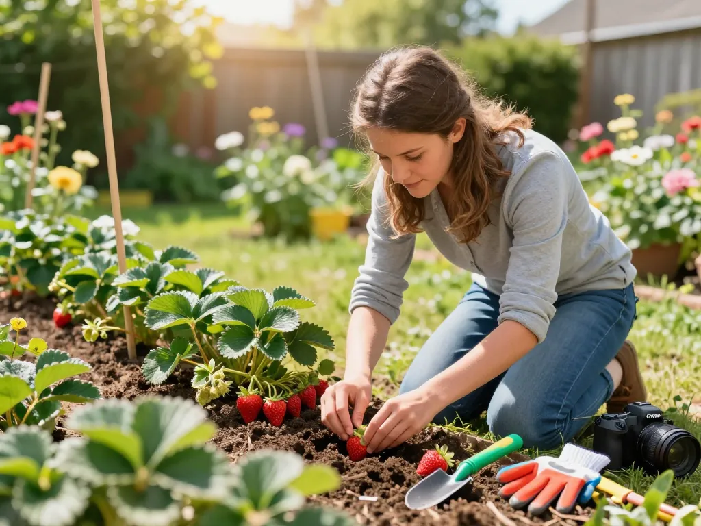 Aardbeienplanten kopen in a summer garden scene with an enthusiastic gardener planting fresh strawberry plants.