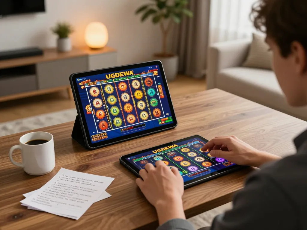 Player enjoying UGDEWA slot gaming on tablet in cozy home setting with notes and coffee.