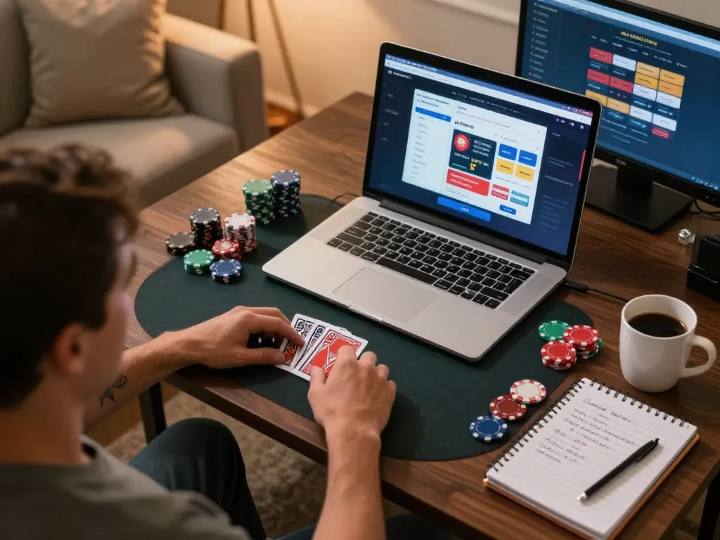 Player engaged with online casino gaming at home, showcasing 5699 com poker strategy and atmosphere.