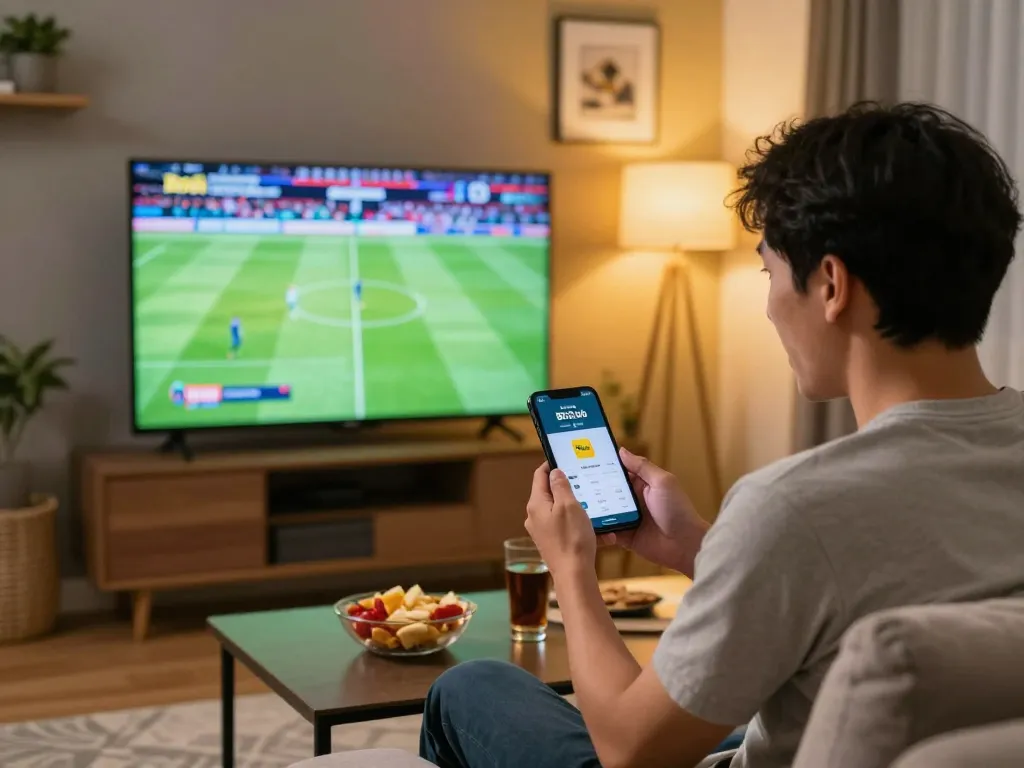 Bbin Sport B52club user actively placing a bet while enjoying a live football game at home.