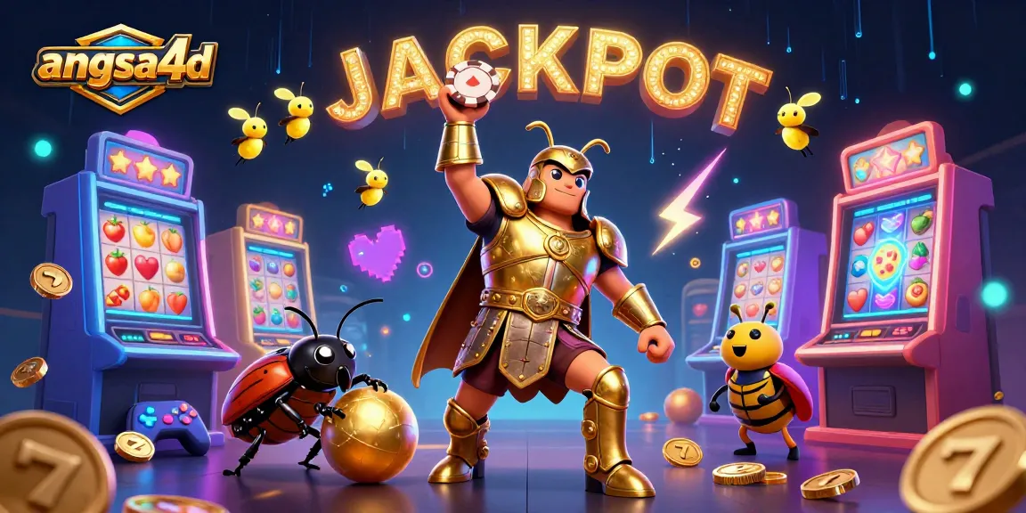 Join the angsa4d gaming excitement with a victorious beetle lifting a poker chip amidst colorful slot elements and glowing coins.