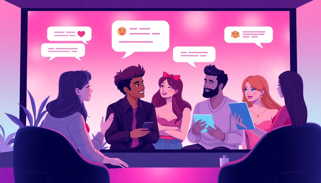 Engaging digital chat interface showing diverse individuals in sex chat conversations with warm colors.