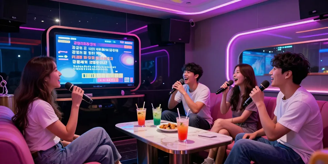 강남가라오케에서 친구들과 즐거운 시간을 보내는 모습으로 화려한 조명과 음악의 분위기를 표현합니다.