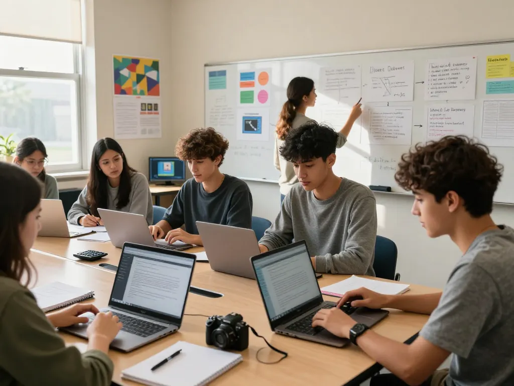 Students using AI for school work in a modern classroom setting, collaborating and engaging in creativity.