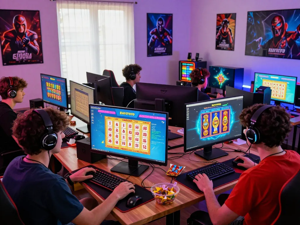 BAYITOTO online gaming scene featuring players enjoying 4D lottery and slots in a vibrant room.