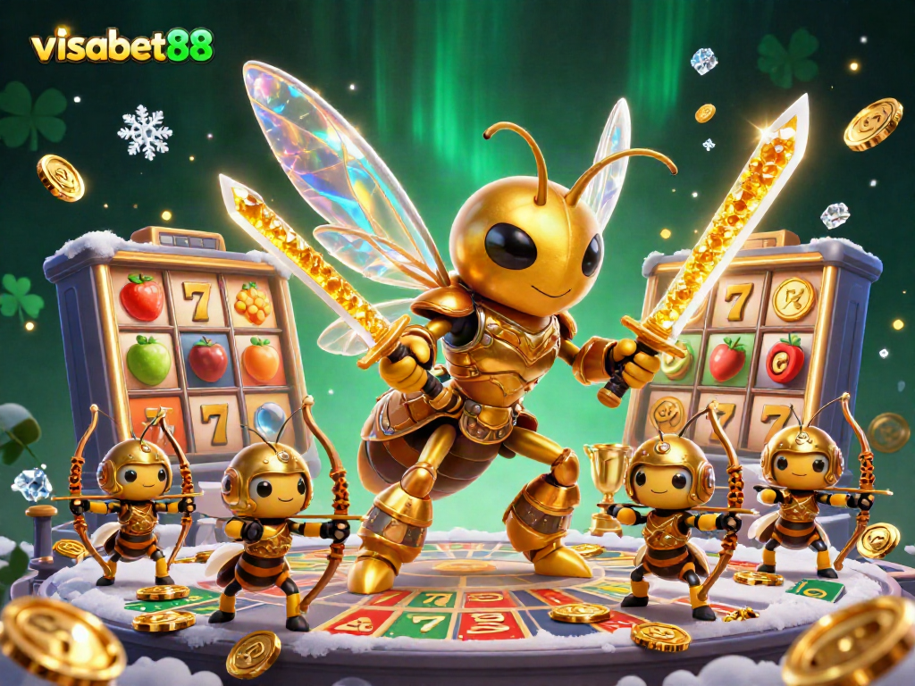 Experience thrilling wins with visabet88 in this action-packed casino illustration showcasing slot reels and dynamic characters.