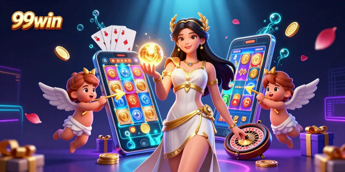 Engage with 99win's captivating online casino experience featuring divine characters and enticing game elements.