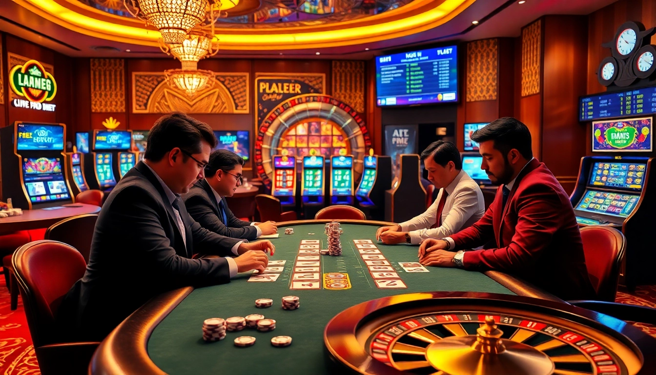 Engaging gamers at nhà cái thabet in a vibrant casino scene showcasing poker tables and slot machines.