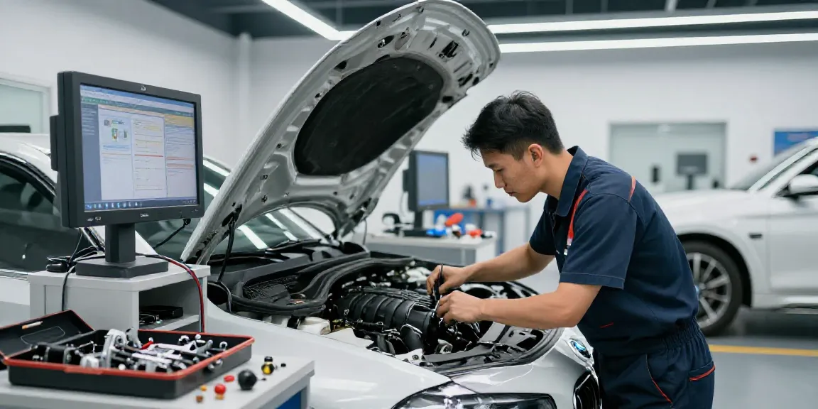Expert technician servicing a BMW vehicle at a professional bmw werkstatt hannover.