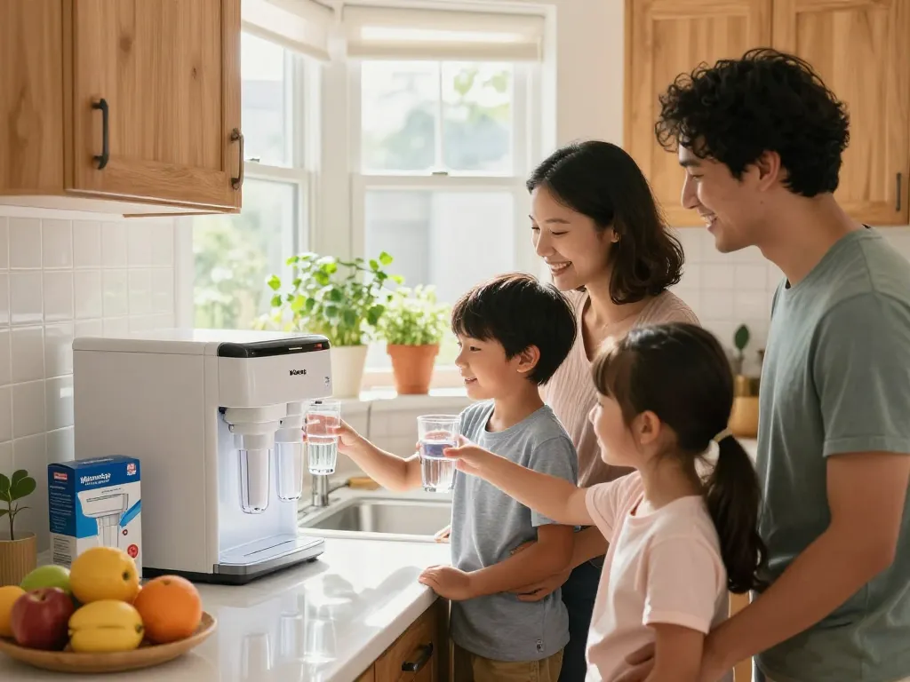 Family enjoying crisp water with Waterdrop Plus UKF7003 Replacement for Maytag® UKF7003 filter in a sunny kitchen.