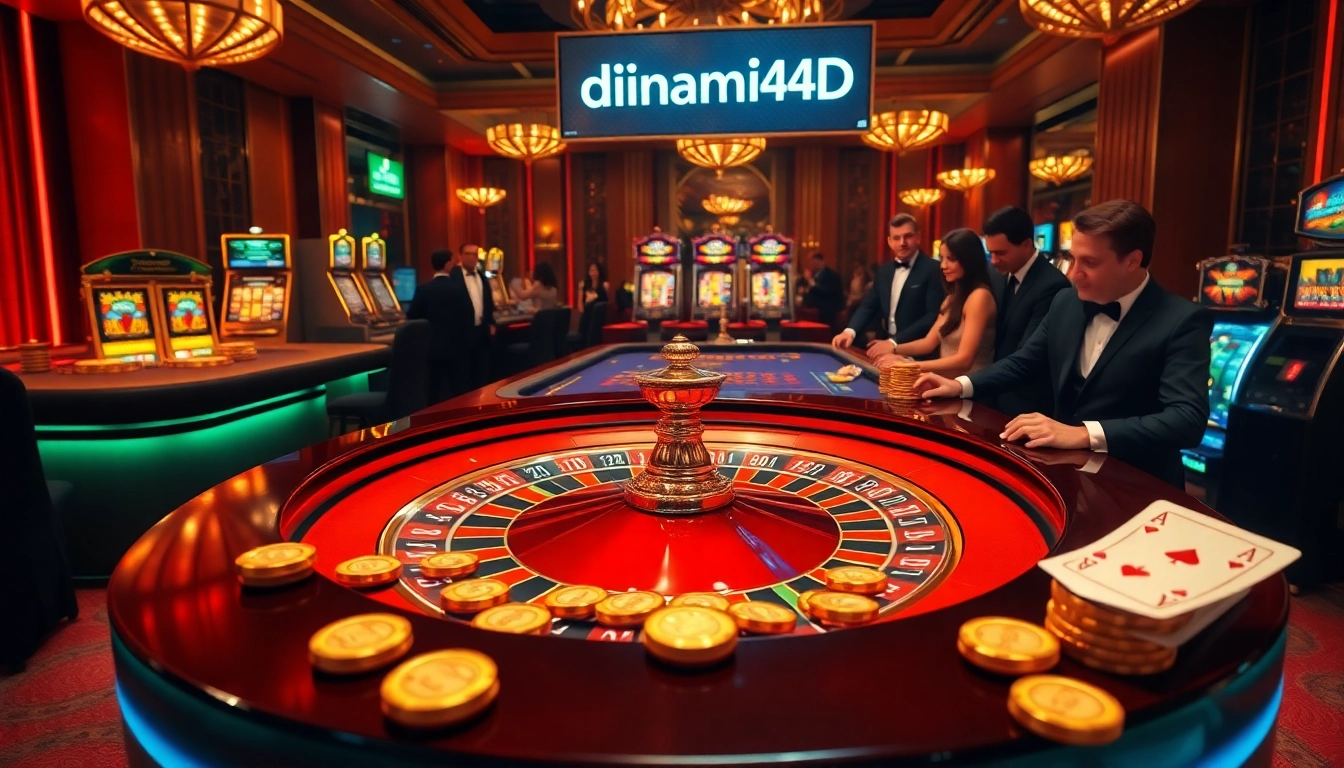 Experience the thrill of dinamit4d at a lavish casino table with golden chips and roulette action.
