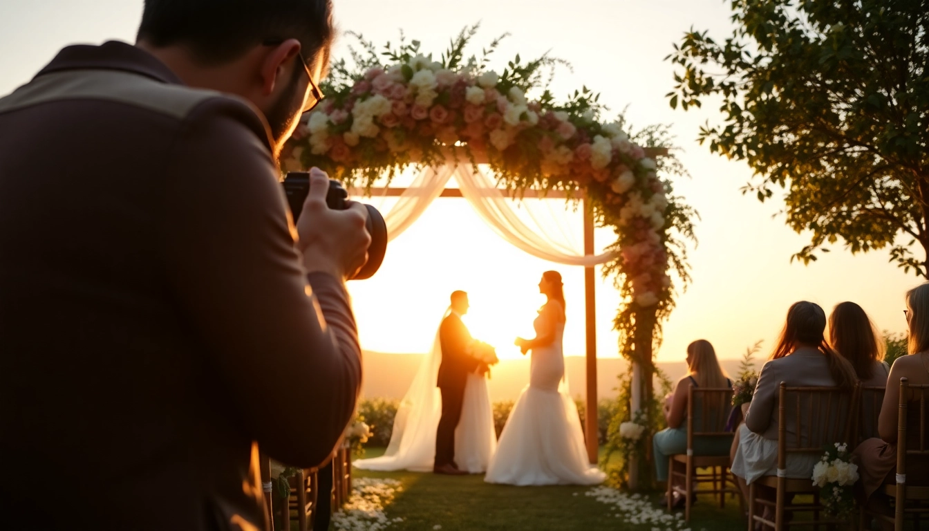 Wedding photographer capturing a couple's outdoor ceremony under a floral arch at sunset.