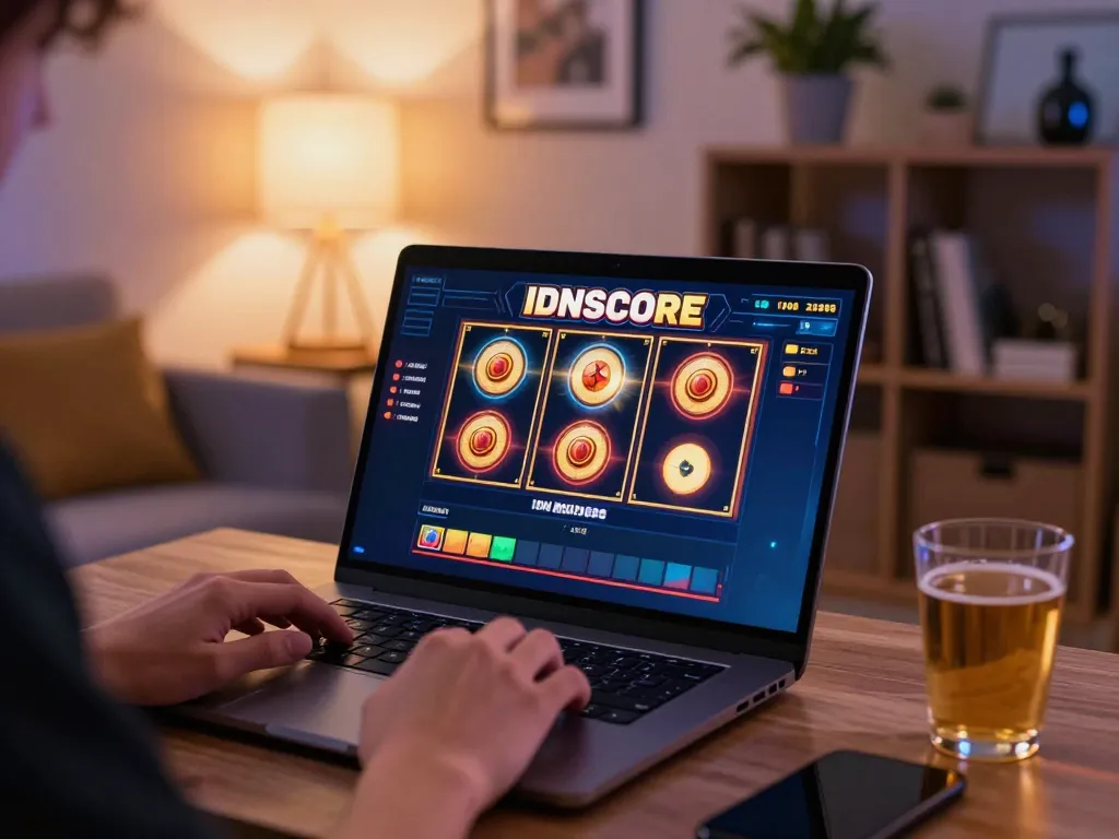 IDNSCORE slots gameplay shown on a laptop in a cozy home setting