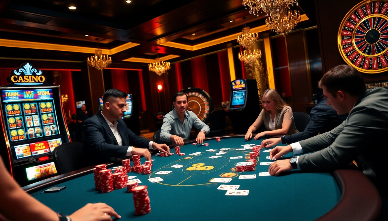 Jeu de poker passionnant dans un casino en ligne avec des jetons et des cartes vibrants.