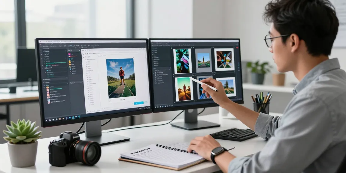 AI detector analyzing images on dual monitors in a modern tech workspace