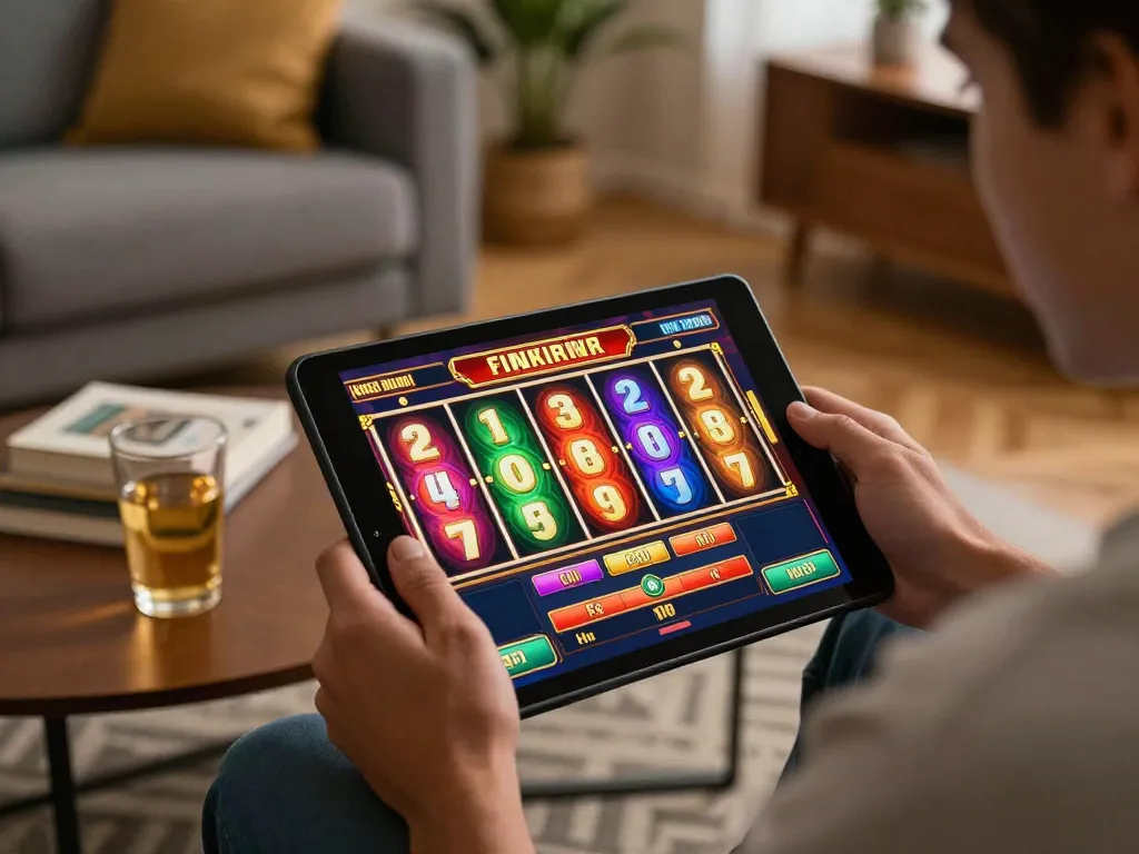 Engage in thrilling toto slot gameplay on a tablet, showcasing vibrant reels and cozy environment.