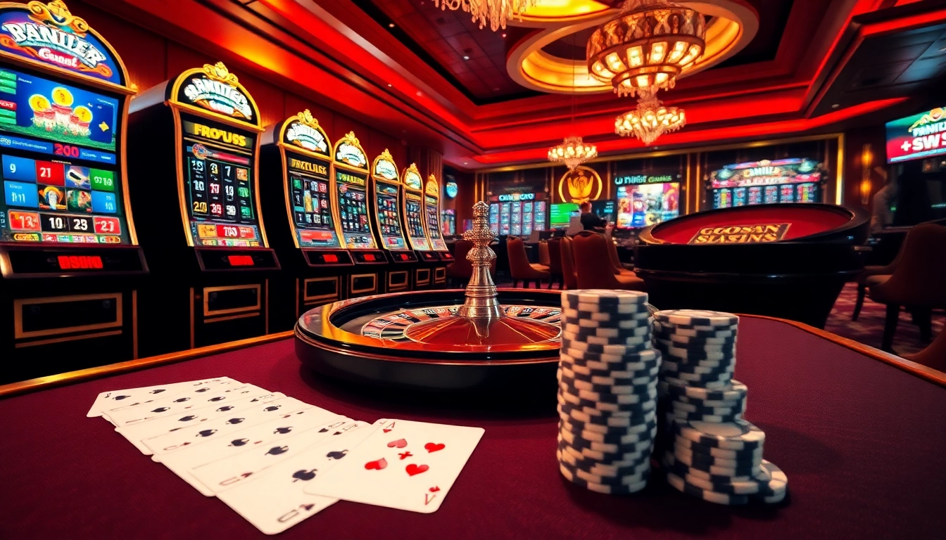 Scène captivante de casino en ligne avec des machines à sous vibrantes, des roues de roulette et des tables de poker prêtes pour un gameplay palpitant.