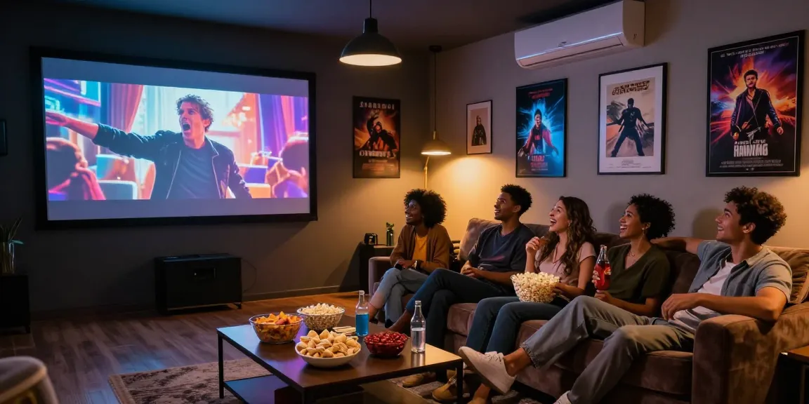 Friends watching movies together in their cozy home theater on ASIABF site.