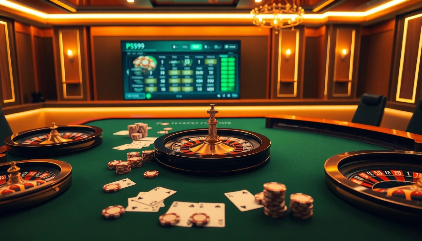 Engaging casino scene highlighting PS99 with vibrant poker chips and roulette wheel.