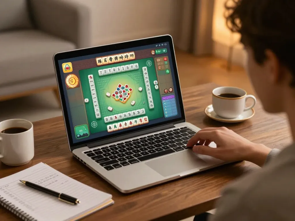 Engage in Mahjong gameplay online, showcasing a laptop filled with addictive strategies and vibrant gaming interface.