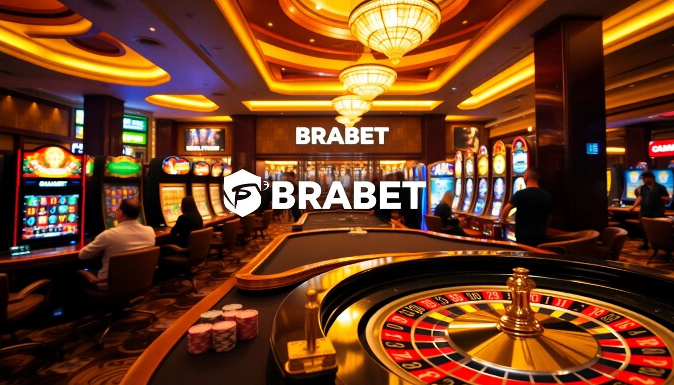 BRABET gaming table with players engaged in a high-stakes poker game, showcasing vibrant casino ambiance.
