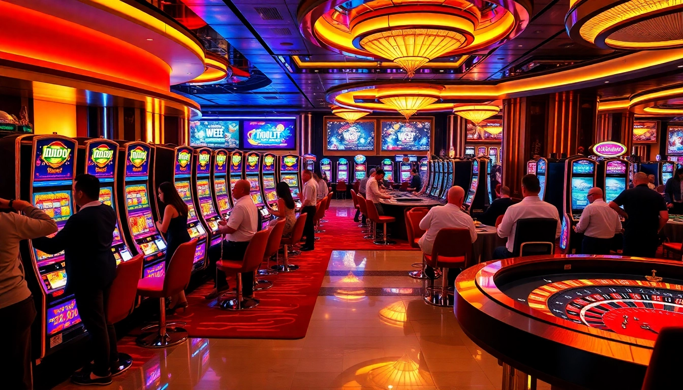 Exciting scene of players enjoying idn slot machines in a luxurious casino setting.