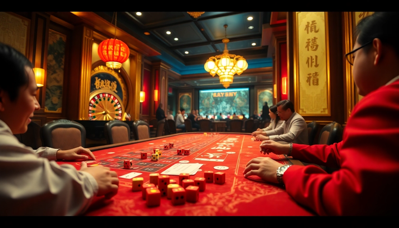 Players excitedly engage in Tài Xỉu at https://taixiumd5.fan/, showcasing vibrant dice and a lively atmosphere.