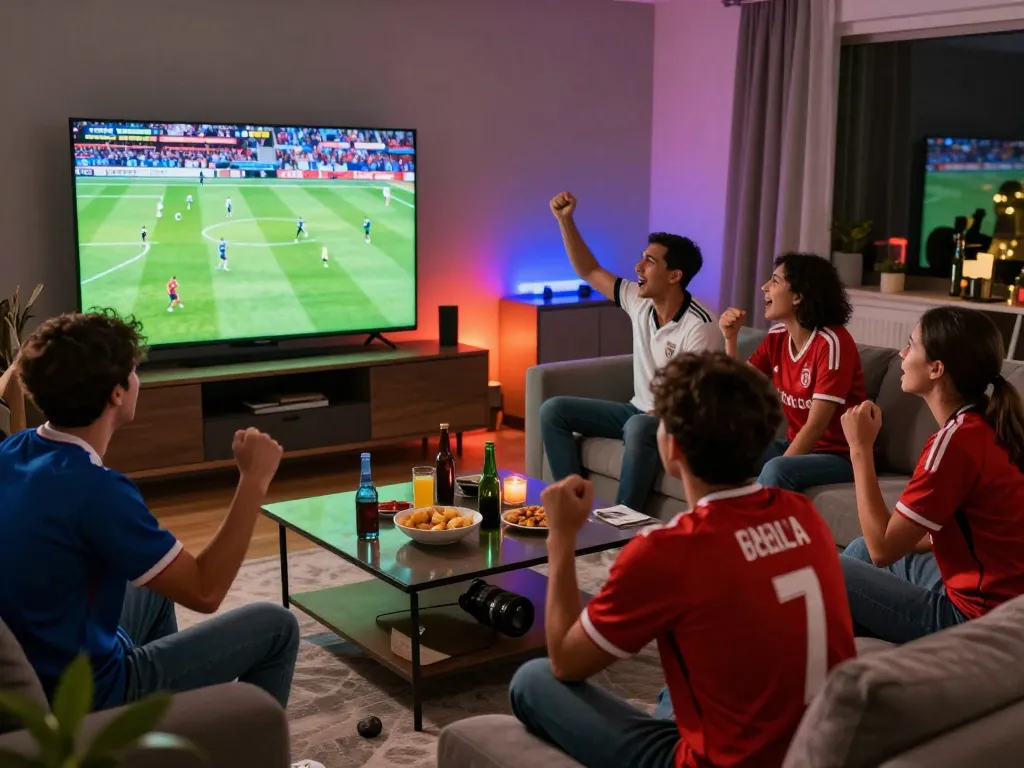 Fans enjoying a football match live on luongsontv in a vibrant, cozy living room setting.
