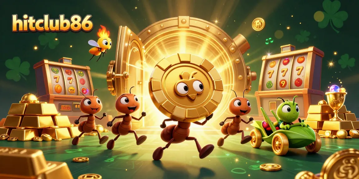 Hitclub86 ants heist carrying a giant poker chip amid casino treasures and vibrant slot symbols.