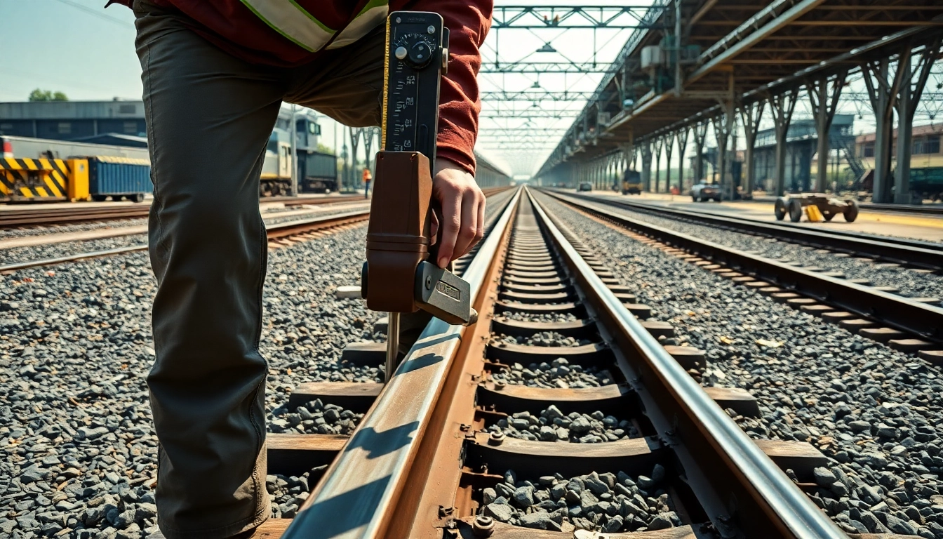 Railroad Maintenance crew inspecting tracks with tools in a bright, natural setting.