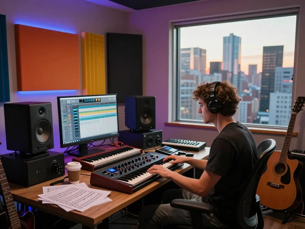 Musician using SC88 sound module in a creative production studio with monitors and instruments.