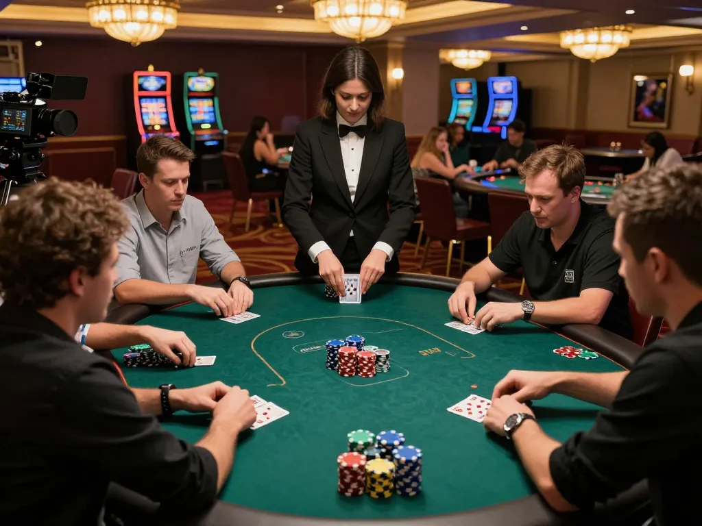 Engaged players at a DH88 poker table Strategically placing bets and managing chips in a vibrant casino.