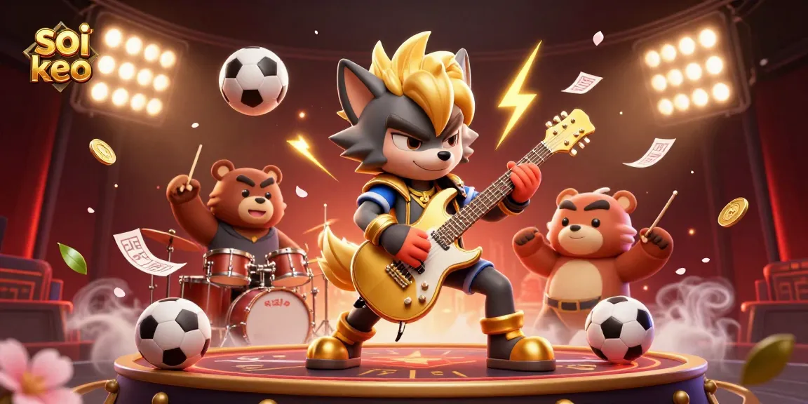 Soi keo sports betting scene featuring a cartoon wolf and bear with dynamic betting elements