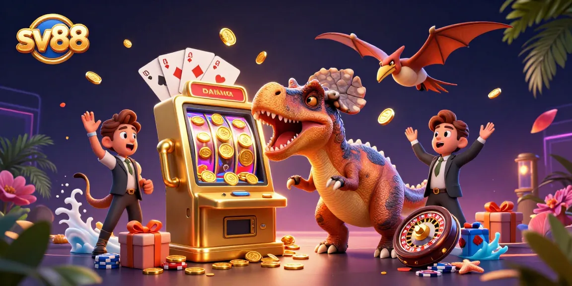Experience sv88 excitement as colorful coins fly from a slot machine and casino characters take action.