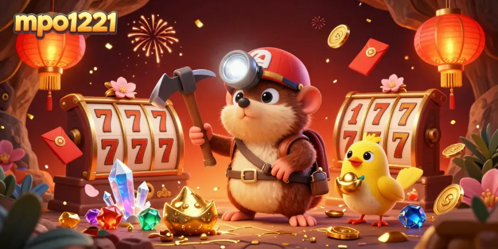 Engage with the exciting world of mpo1221 through a vibrant, animated treasure mining scene.