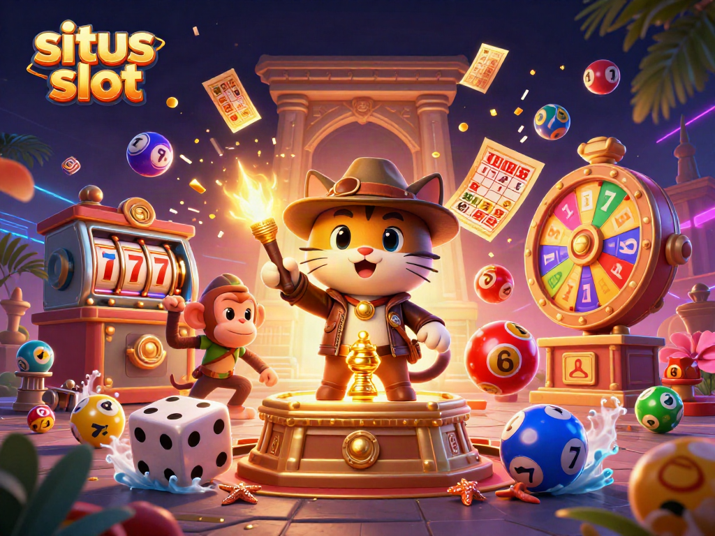 Experience situs slot excitement with a 3D explorer cat amidst golden treasures and colorful lottery elements.