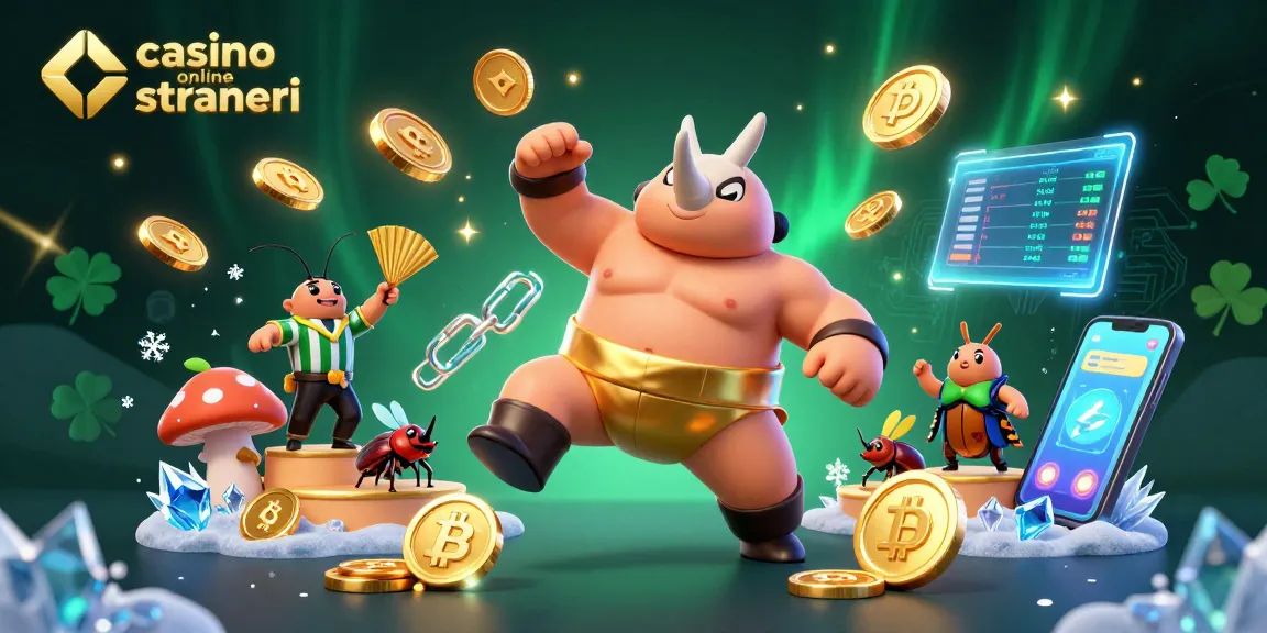 Gioca nei casino online stranieri con un campione di sumo e monete dorate volanti in un'illustrazione 3D dinamica.