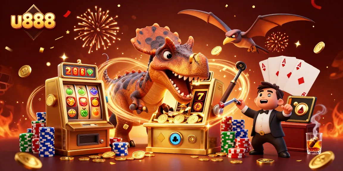 u888 casino chaos as a dinosaur hits a slot machine with coins flying everywhere, vibrant casino scene