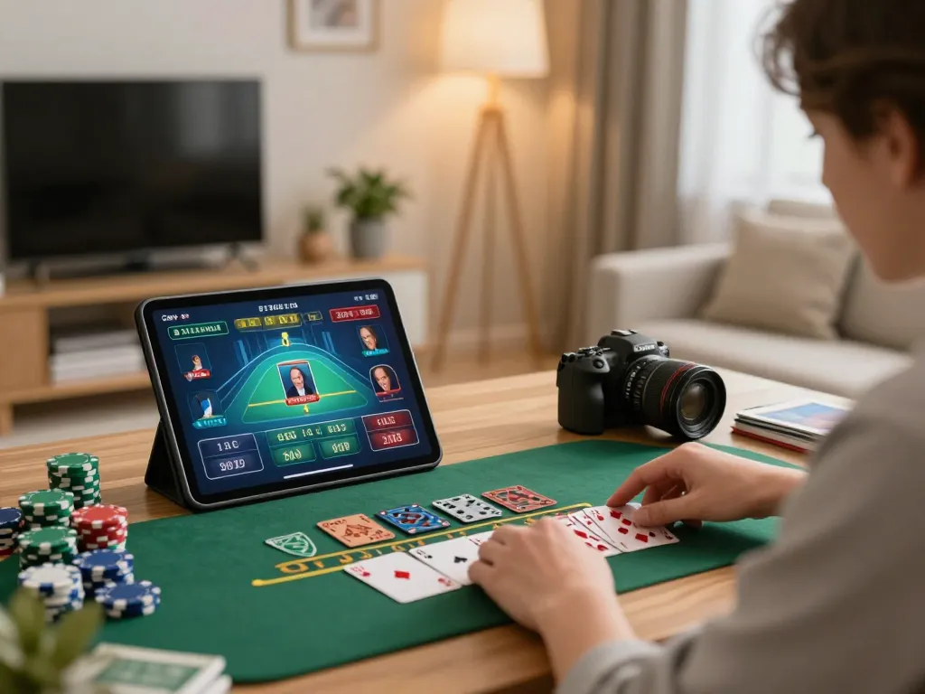 Experience sun win gaming at home with a player engaged in blackjack on a tablet.