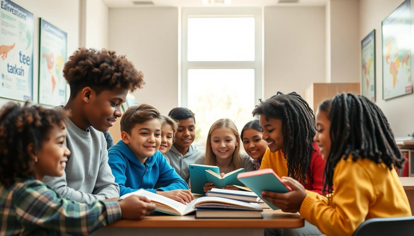 Education-focused classroom with diverse students collaborating enthusiastically in a bright, inspiring space.